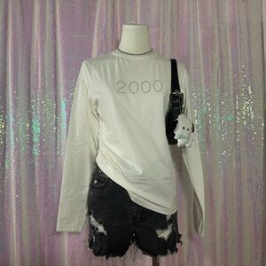 Newport News White Bedazzled Y2K 2000 Long Sleeve Tee Shirt (M) ★